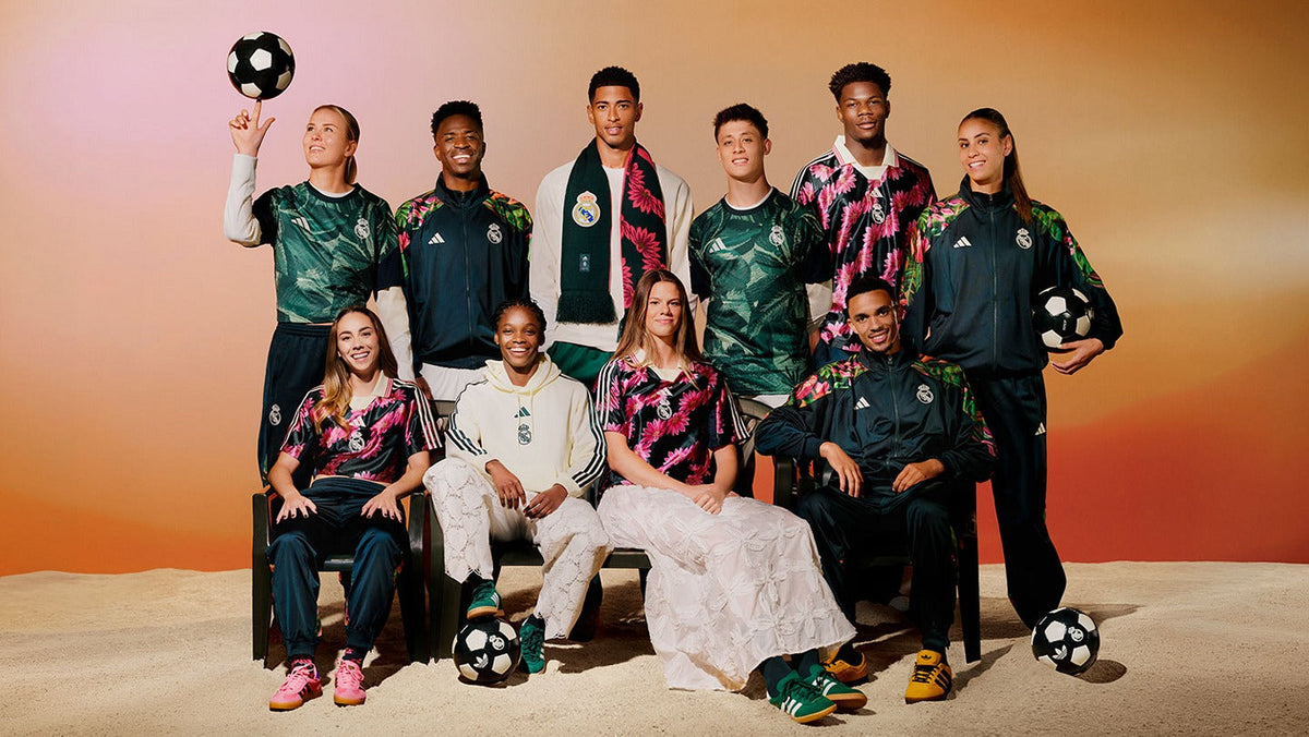 Real Madrid x adidas x FARM Rio collection campaign: players in floral pre-match jerseys, tracksuits and hoodies on sand. Official Real Madrid photo