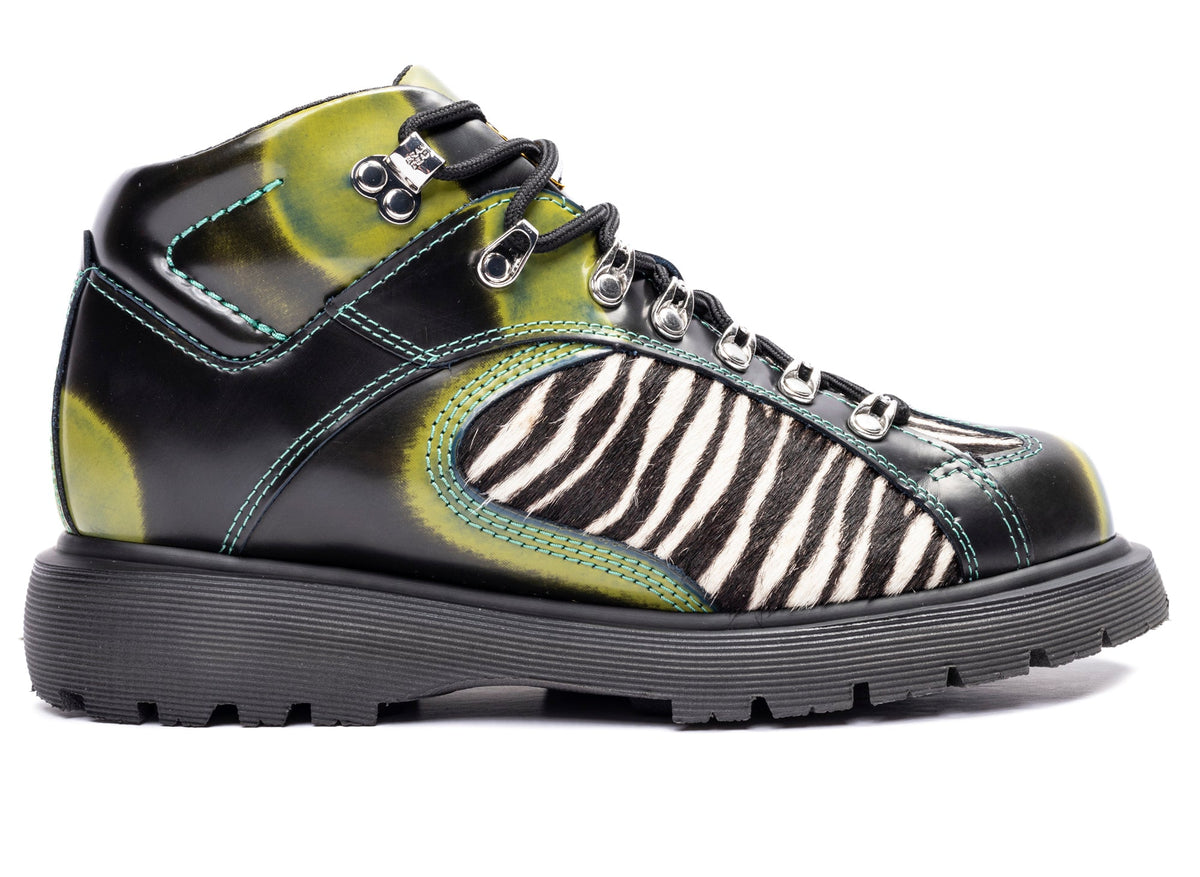 Brain Dead x Dr. Martens Wayborne Boot in Black / Marsh Green / Dark Teal with zebra hair-on panels. Photo: ONENESS
