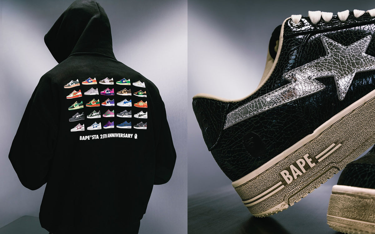 BAPE STA 25th Anniversary campaign: model in black anniversary hoodie printed with classic STA colorways, beside a close-up of a crackled black BAPE STA — official A BATHING APE photo via House of Heat