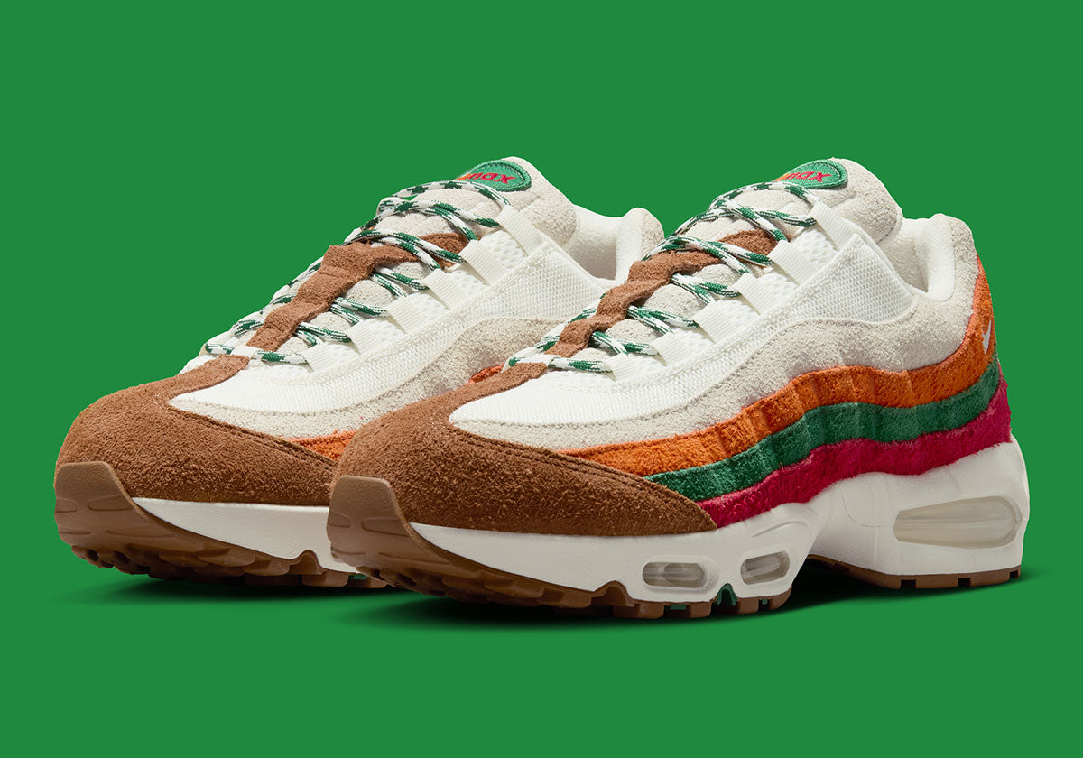 Nike Air Max 95 in sail, brown suede and orange, green and red stripes. Photo: Sneaker News
