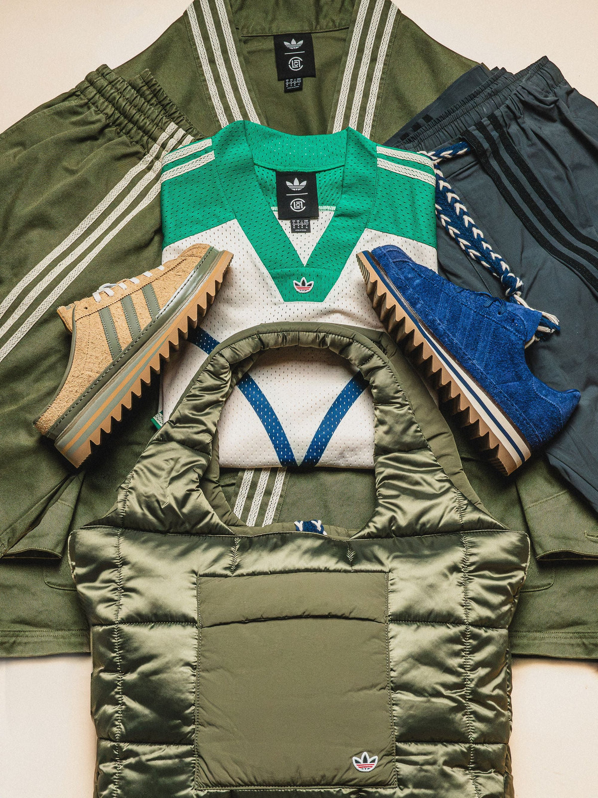 adidas Originals x CLOT Superstar and Sawtooth Mule collection flat lay campaign. Official image via House of Heat