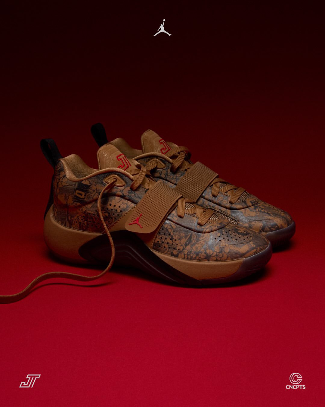 Pair of tan Jordan Tatum 5 “Laser” sneakers with a dark etched floral print, shot on a deep red backdrop with the Jumpman, JT and Concepts logos — official Concepts / Jordan Brand image