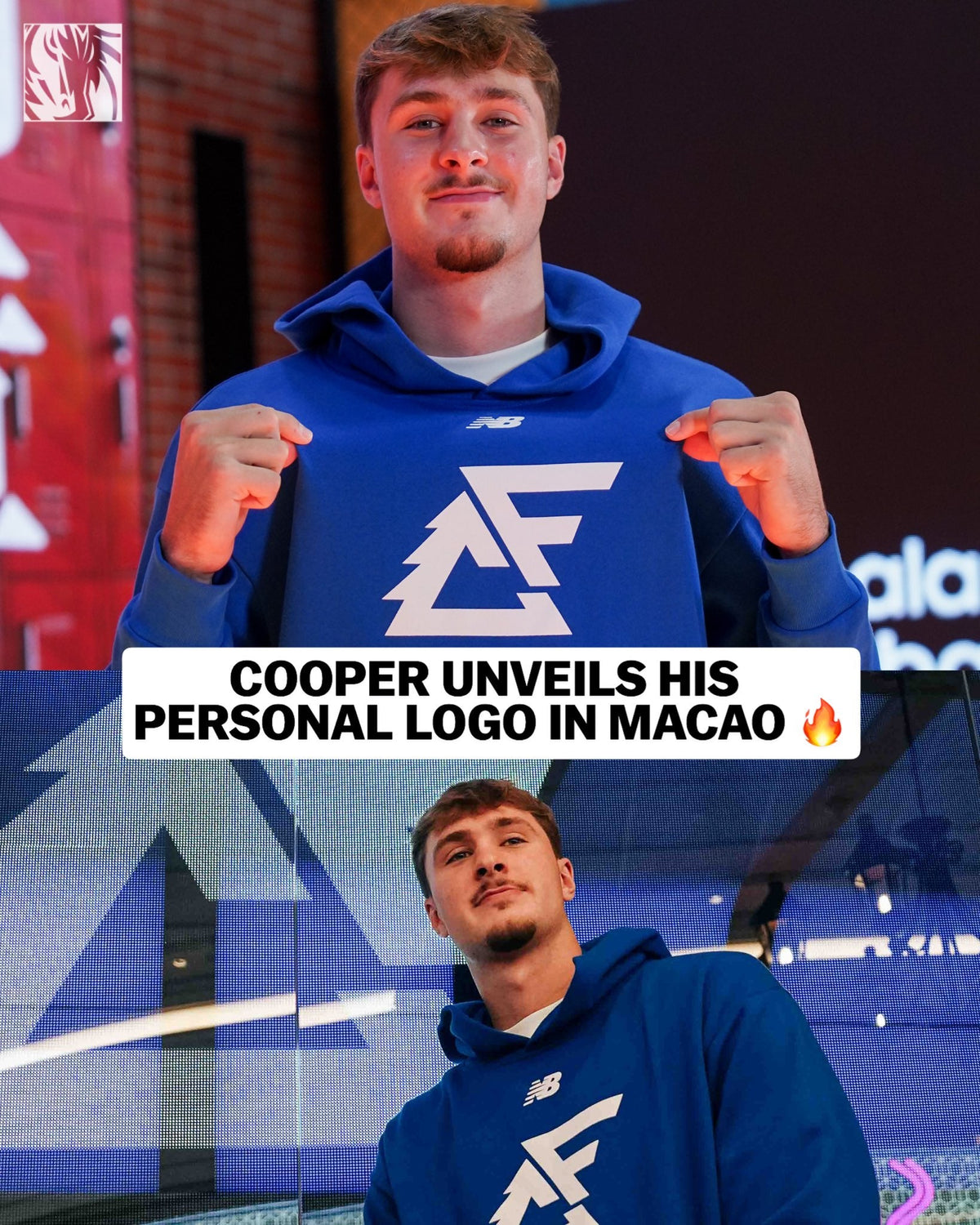 Cooper Flagg holds up a blue New Balance hoodie showing his new CF signature logo with pine tree cutouts at a New Balance event in Macao