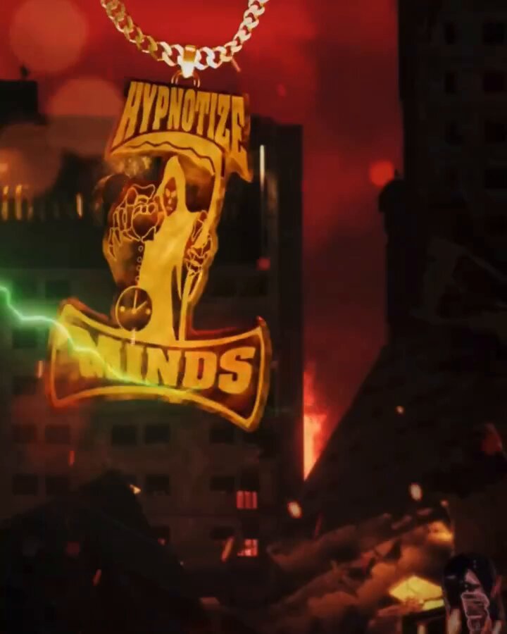 A gold Hypnotize Minds chain hangs over a dark city skyline lit red by fire — still from the official HUF JAPAN teaser for huf x Three 6 Mafia