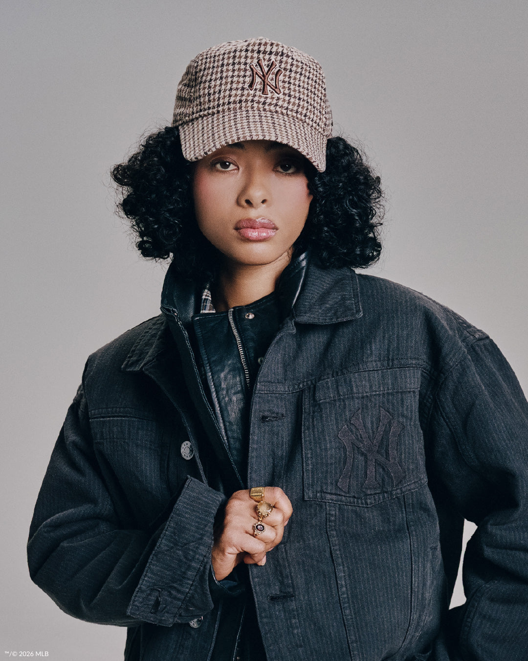 New Era Global Design Project FW26 — on-model Yankees houndstooth 59FIFTY and textured outerwear