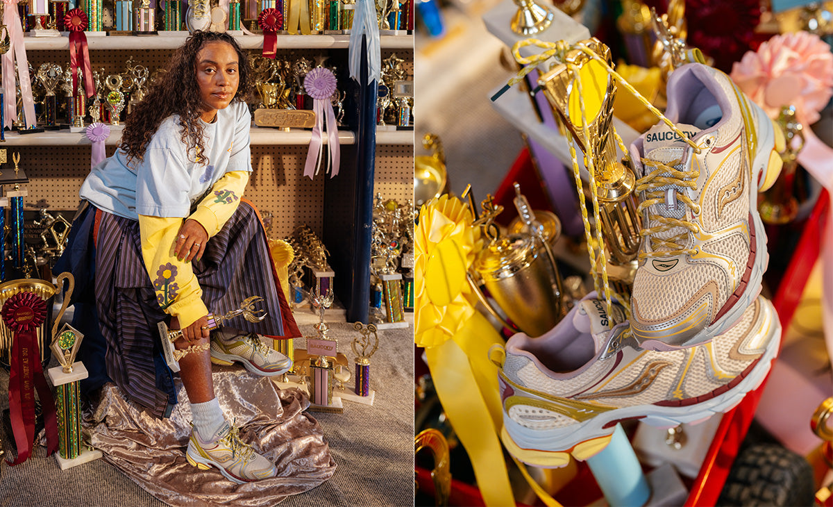 Evelynn World x Saucony ProGrid Triumph 4 campaign: on-model among trophies and product detail. Photo via Footwear News / WWD