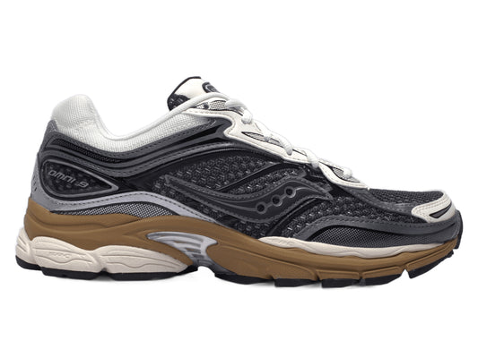 Saucony ProGrid Omni 9 shoe in the Gunmetal and Cider colorway, grey men's footwear