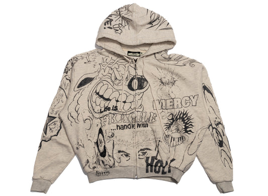 Hellstar Graffitti Zip-Up Hoodie in Grey, men's cotton zip-front hoodie with graphic