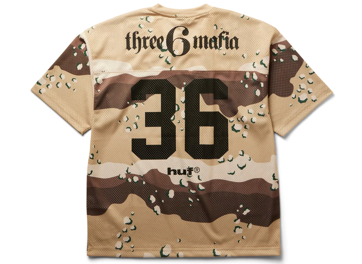 HUF x Three 6 Mafia Football Jersey in Camo, back view