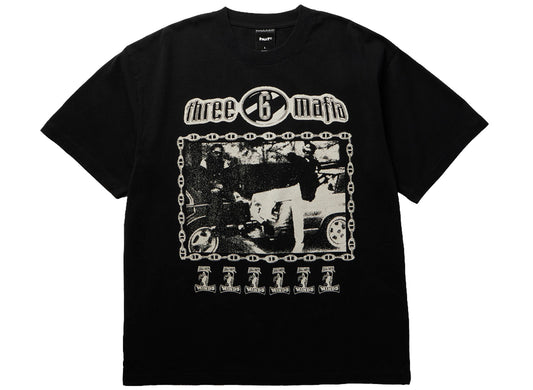 HUF x Three 6 Mafia Most Known Unknown SS Tee in Washed Black, front view