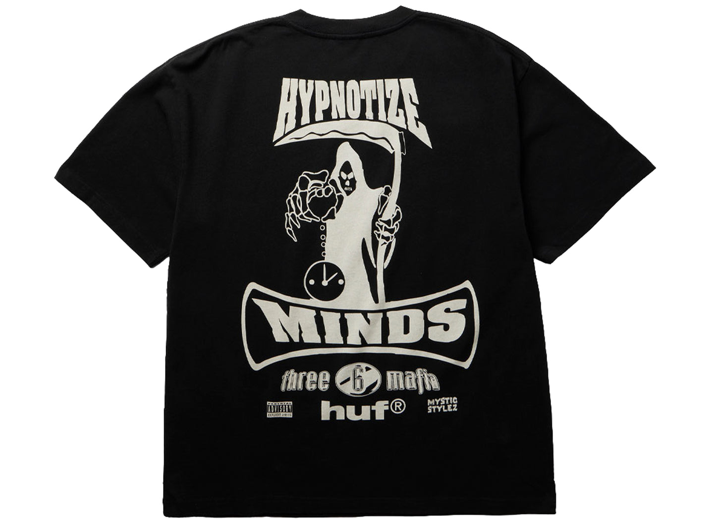 HUF x Three 6 Mafia Most Known Unknown SS Tee in Washed Black, back view