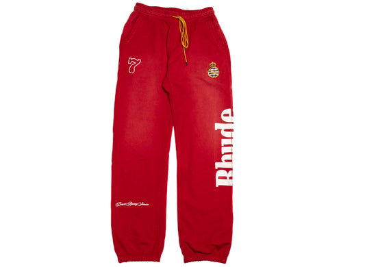 Rhude Desert Racing Script Cuffed Sweatpant in Washed Red / White, front view