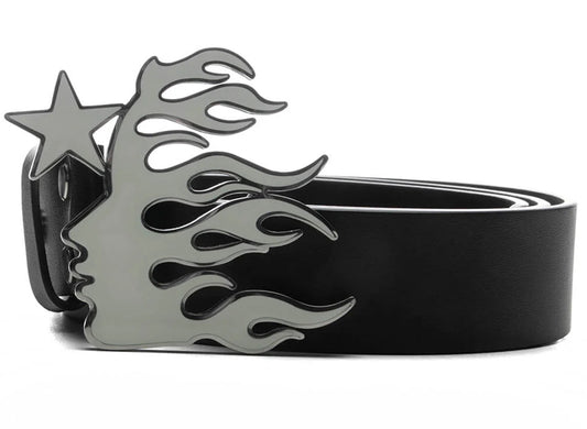 Hellstar Flame Girl Logo Belt in Black, men's leather belt with metal logo buckle