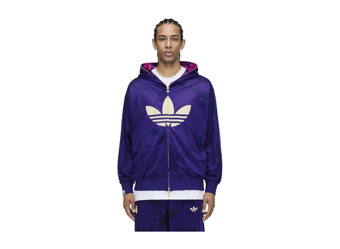 Adidas x BAPE Reversible Shark Hoodie in Collegiate Purple — on model reverse front
