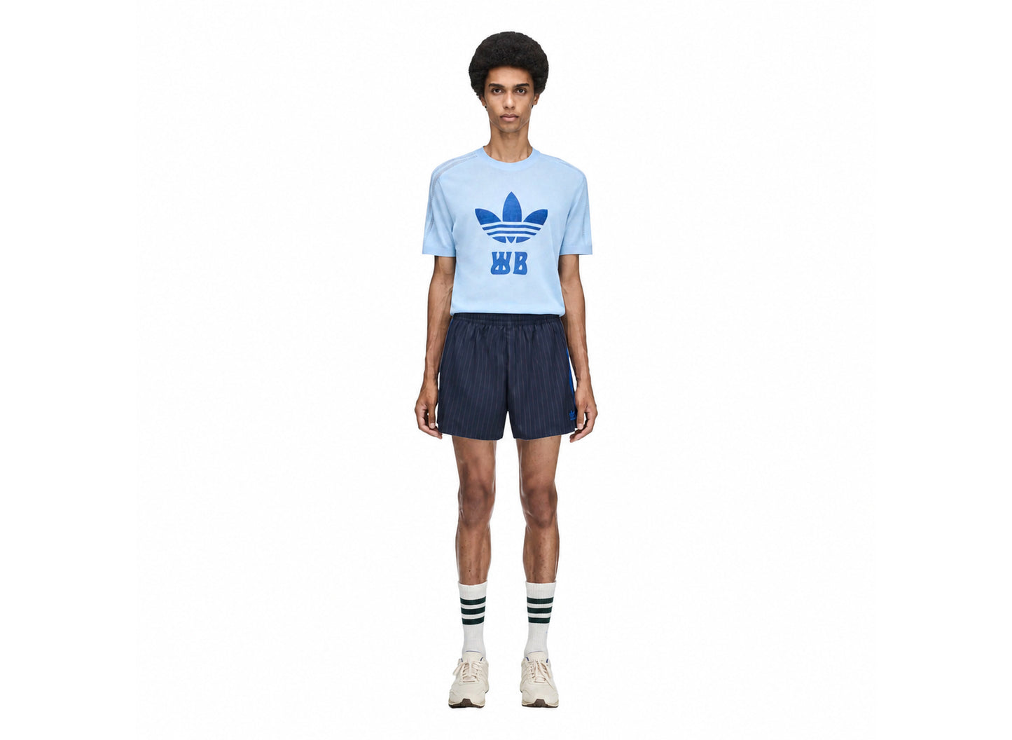 Adidas x Wales Bonner Pinstripe Shorts in Night Navy — model front view