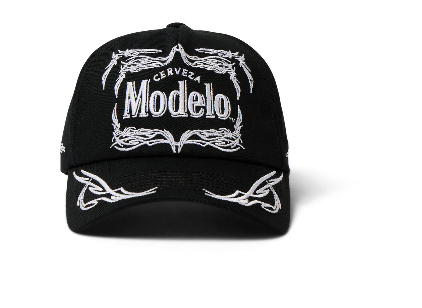 HUF x Modelo Pinstripe Snapback Hat in Black, front view