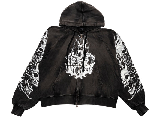 Thug Club Six Riding Skull Zip-Up Hoodie in Black, front view