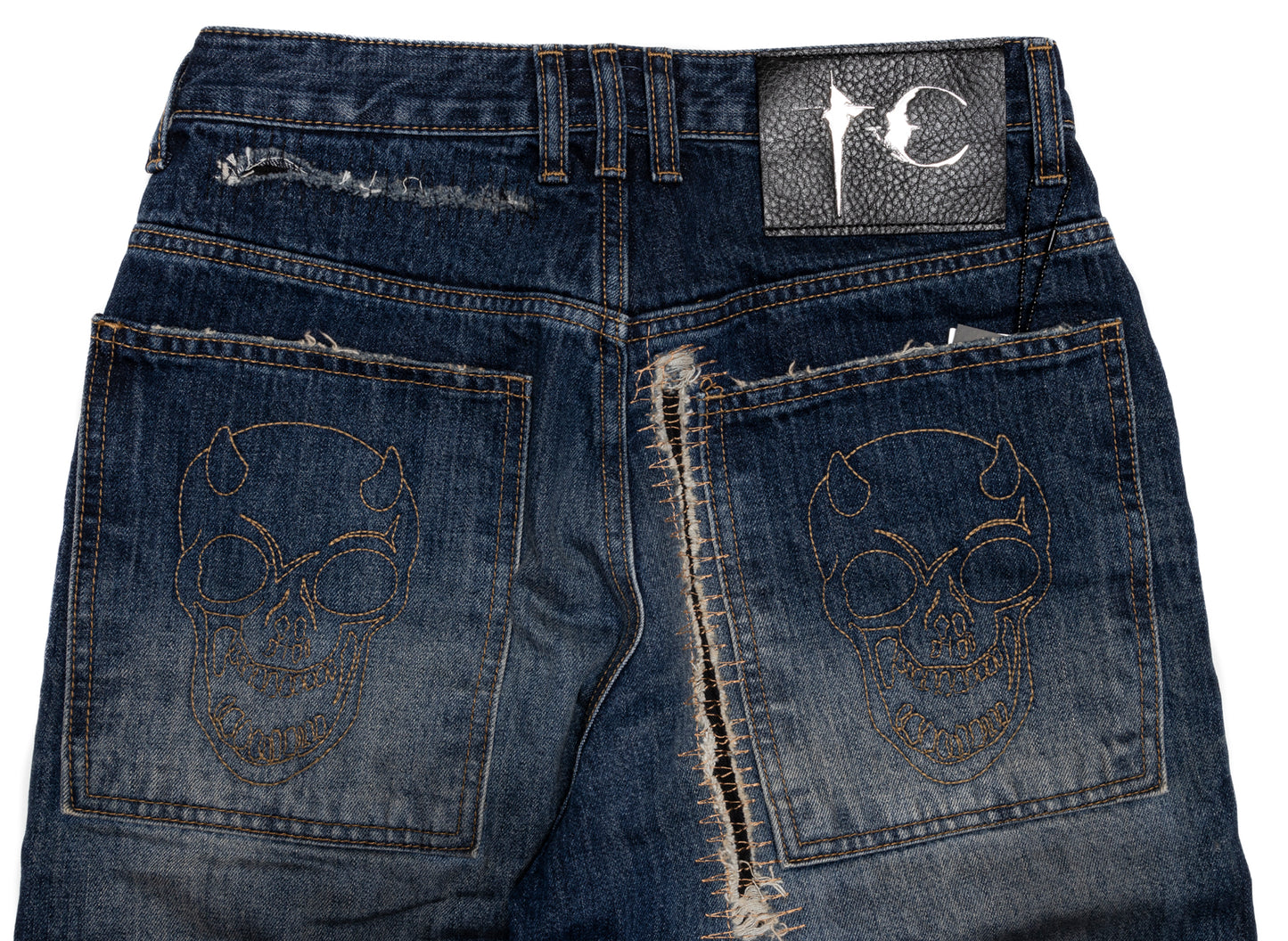 Thug Club Skull Stitch Ripped Denim Pants in Blue, back pocket detail