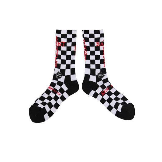 Saint Michael Check Socks in Black / White — front studio view