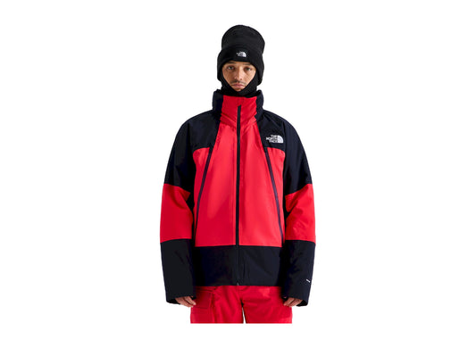 The North Face Snowsquall Jacket in Elevation Red / TNF Black, front view worn by a model