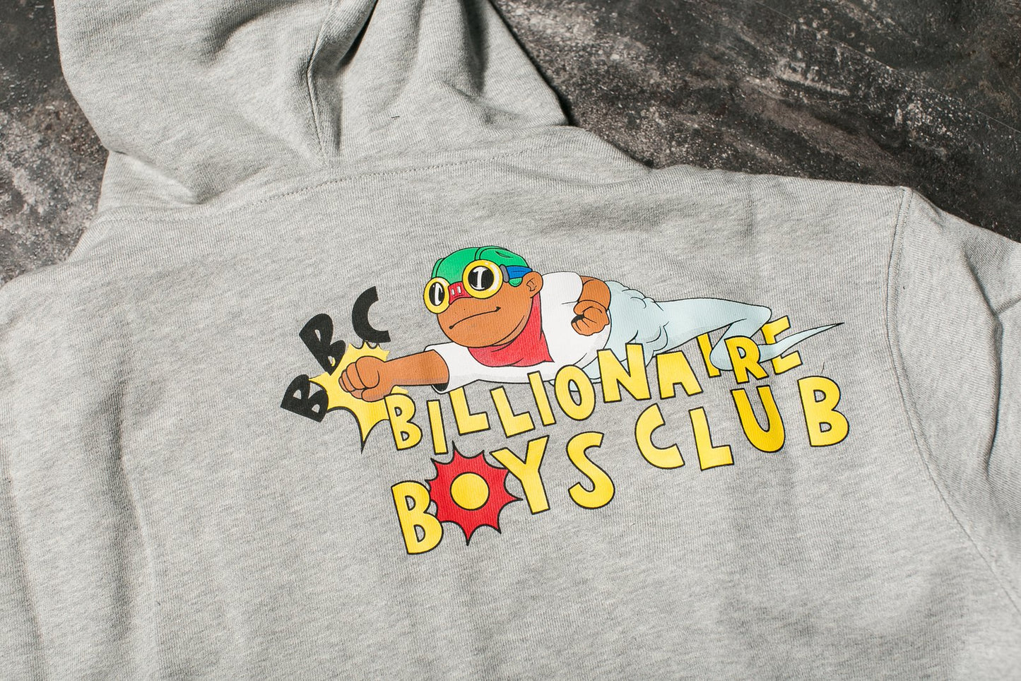 BILLIONAIRE BOYS CLUB KNOCKOUT ZIP UP HOODIE x HEBRU in Heather Gray, back graphic detail