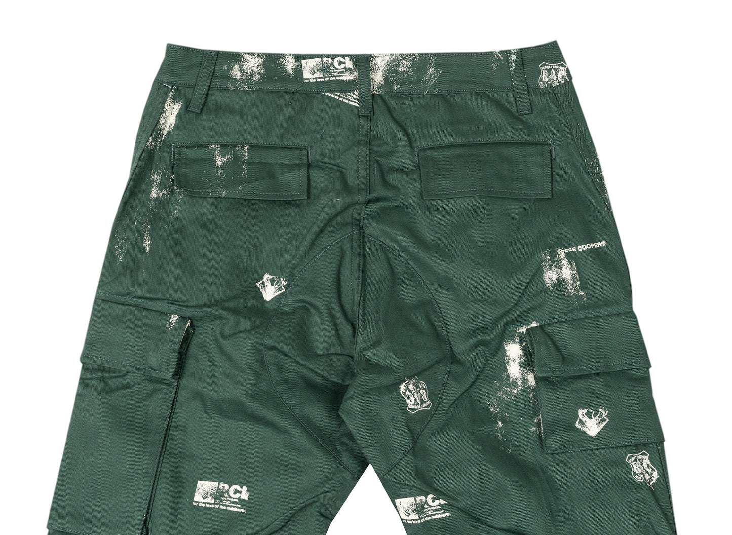 Reese Cooper Stamp Print Cotton Canvas Cargo Trousers in Green