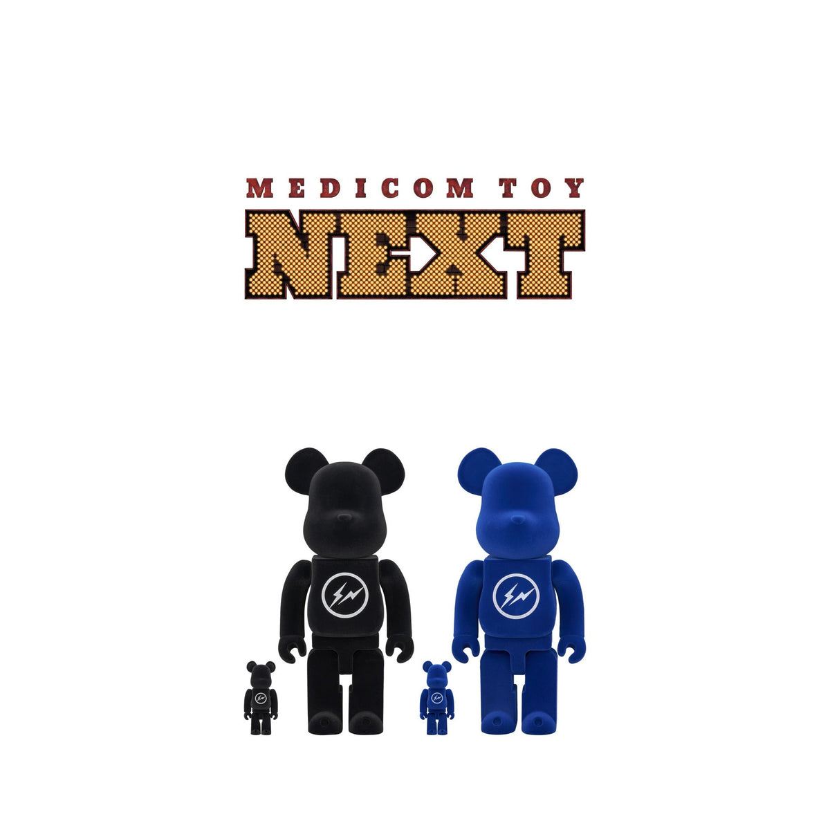 Medicom Toy BE@RBRICK FRAGMENT FLOCKY Ver. in Black and Blue, 100% and 400%. Photo courtesy Medicom Toy
