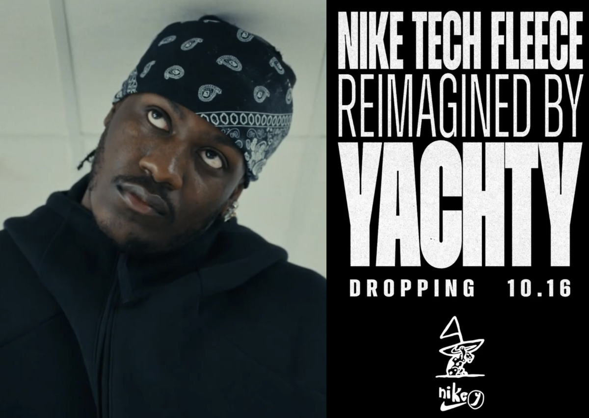Lil Yachty wearing a black Nike Tech Fleece hoodie in a promo still for Nike Tech Fleece Reimagined by Yachty, dropping Oct. 16 — photo via Sole Retriever