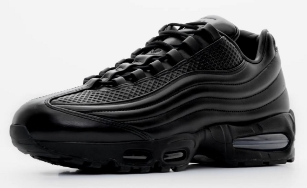 One Block Down x Nike Air Max 95 Big Bubble Lux Black IM0704-001 in wavy black leather. Photo via Sole Retriever