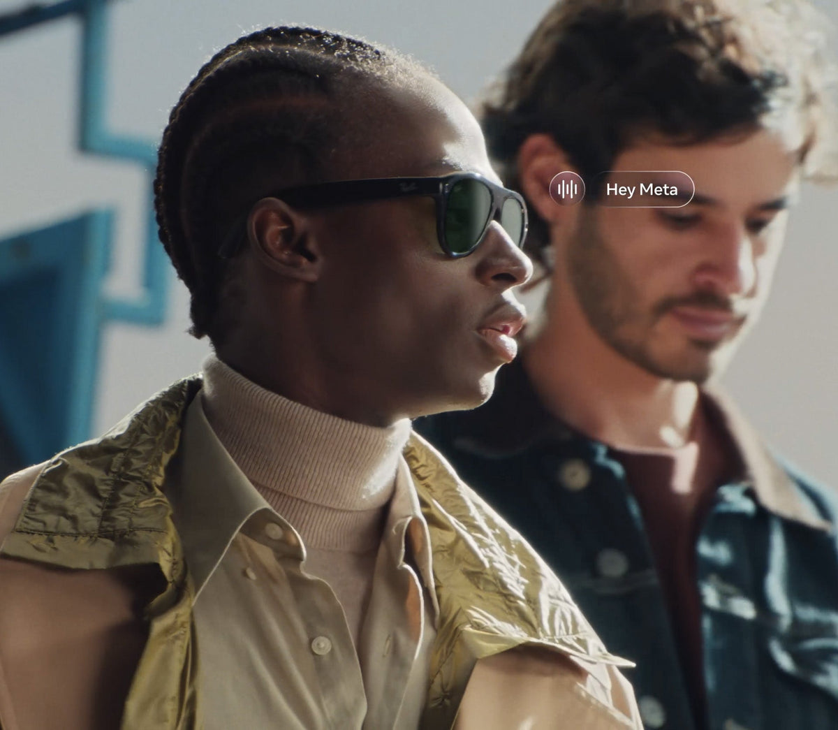 Model wearing Ray-Ban Meta (Gen 3) smart glasses with a Hey Meta prompt, from Meta's official Gen 3 campaign