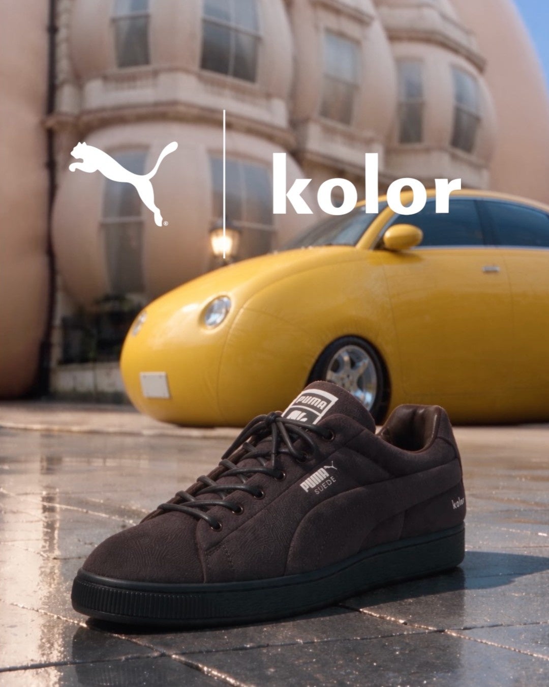 kolor × PUMA Suede AW26 — official campaign scene with puffed silhouette