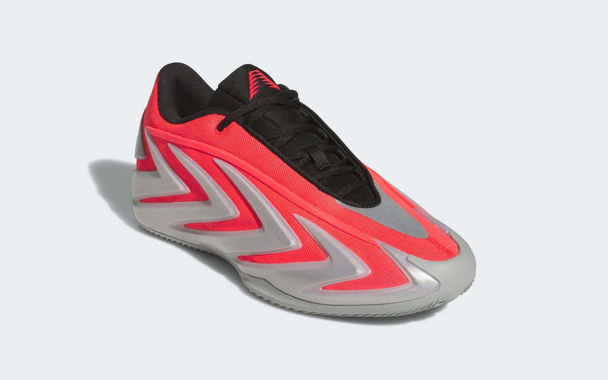 adidas AE 3 "Omen" KJ3021 lateral side with a red textile upper, black collar and silver molded side panels. Photo via House of Heat