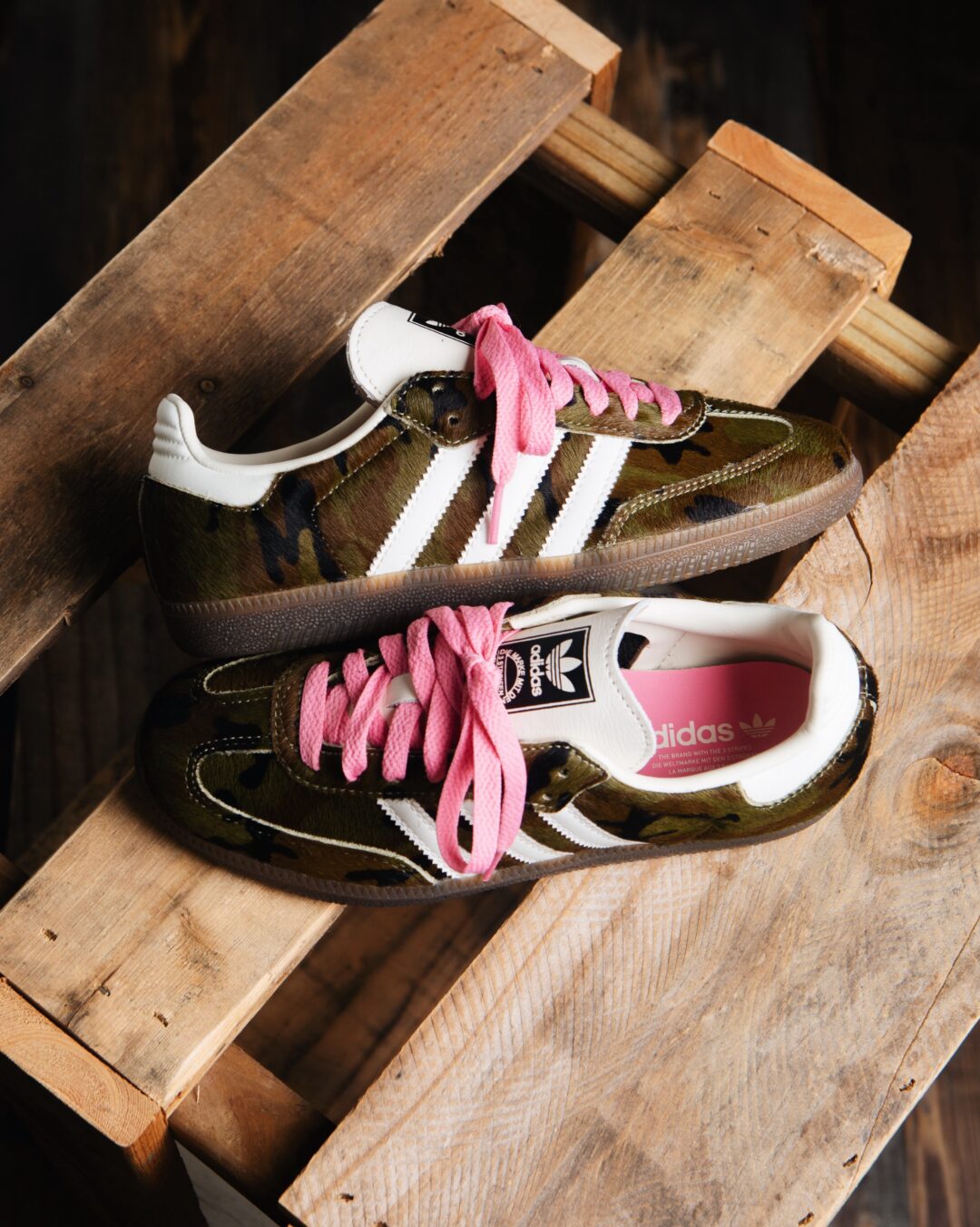adidas Samba OG Camo Pony Hair Bliss Pink KJ7501 on a wooden crate — photo via Fullress