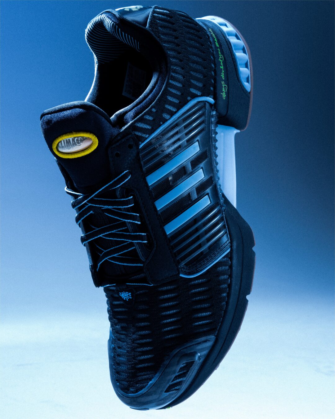 Always Do What You Should Do x adidas Originals CLIMACOOL 1 in black with blue stripes against a blue sky. Photo: adidas Originals via Fullress