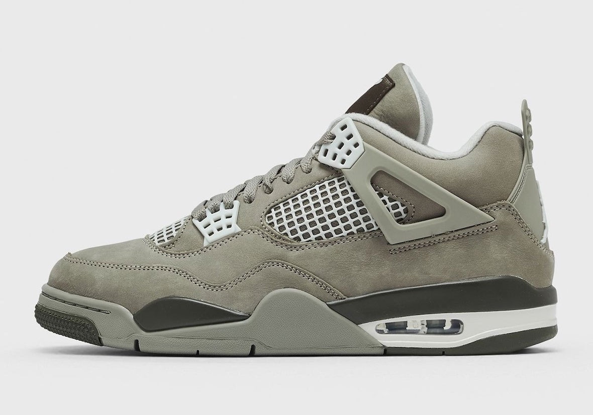 Air Jordan 4 "Light Army" JA5911-320 lateral side in olive nubuck with light silver netting and a dark khaki midsole. Retailer photo via Sneaker Bar Detroit