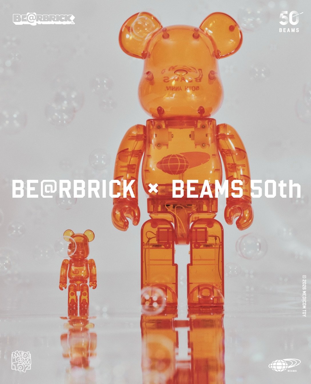 BE@RBRICK × BEAMS 50th translucent orange figures — official Medicom Toy / BEAMS campaign