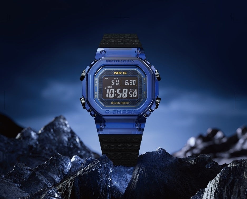 Casio G-SHOCK MR-G MRG-D5000 blue sapphire crystal — official Casio campaign press scene