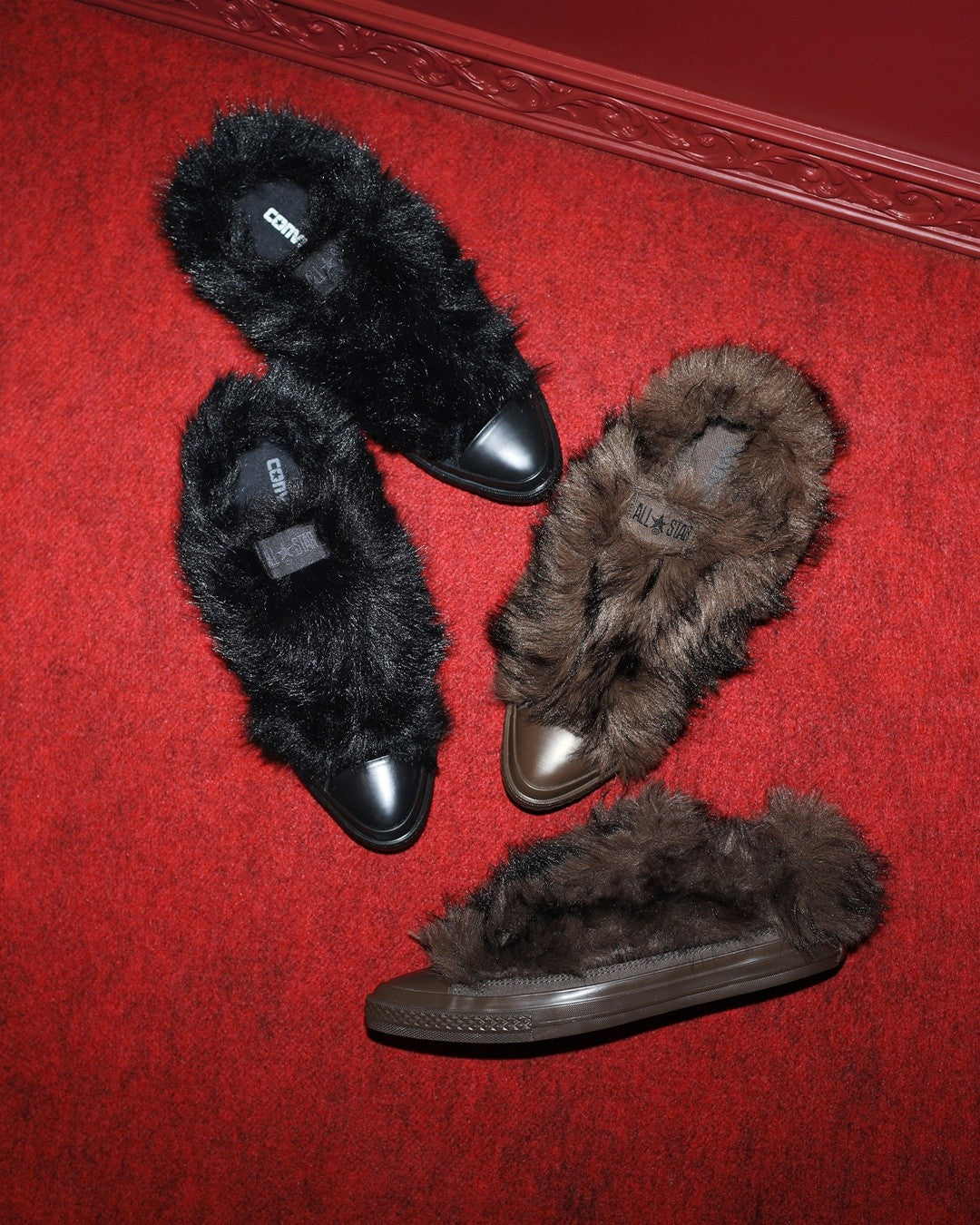 Converse ALL STAR Pointed Toe Volume Fur slip-ons on red carpet — Converse via Fullress