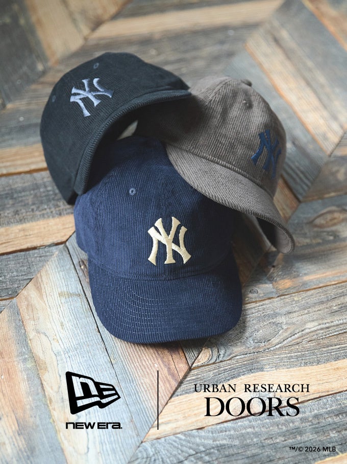 URBAN RESEARCH DOORS × New Era 9THIRTY Corduroy caps in black, navy, and brown — official URBAN RESEARCH press image