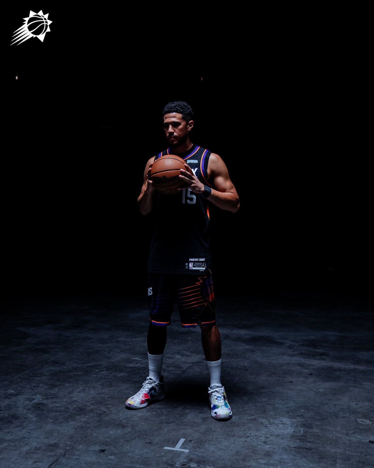 Devin Booker wears Futura × Nike Book 2 at Phoenix Suns Media Day — official team photo, courtesy Phoenix Suns