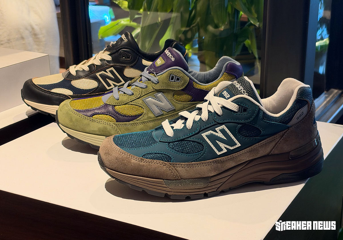 New Balance Made in USA 992 Fall/Winter 2026 trio on display: Medusa Green, Black/Afterglow and Sport Green/Interstellar. Photo via Sneaker News