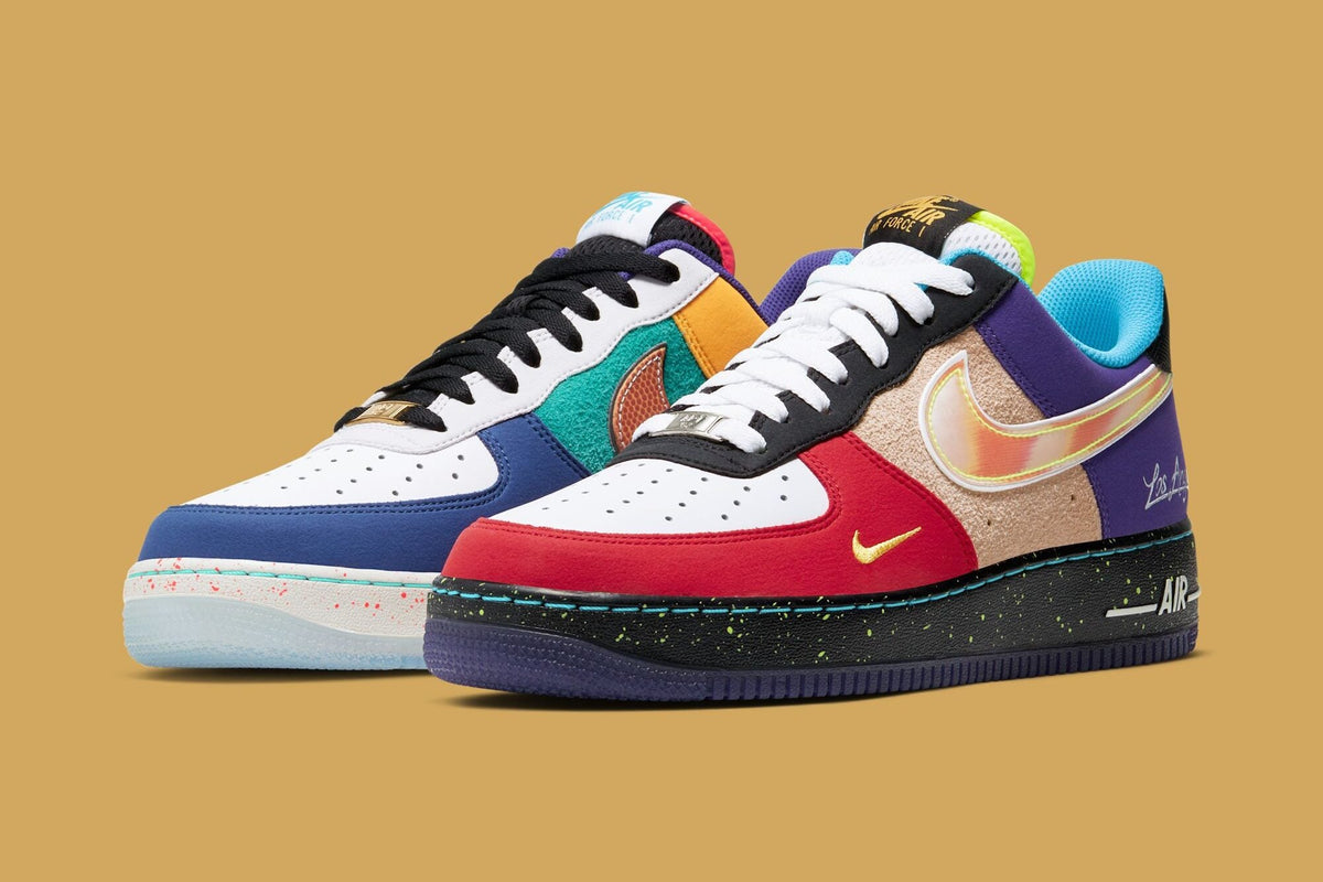 Nike Air Force 1 Low "What The LA" CT1117-100 pair with mismatched blue, red, purple and tan panels and a speckled black midsole. Photo via Nice Kicks