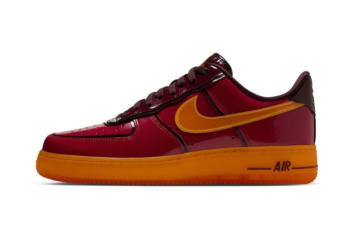 Nike Air Force 1 '07 Premium "Iron Man" IX8058-687 lateral side in glossy red patent leather with an orange Swoosh and orange sole. Photo via Hypebeast
