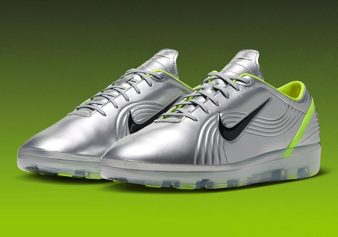 Nike Cryoshot Mercurial Vapor 1 OG Chrome IQ8161-001 pair on Hot Lime press backdrop — official Nike image via Just Fresh Kicks