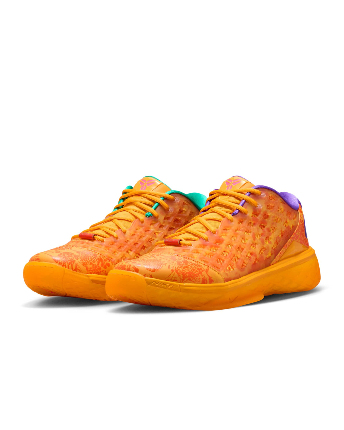 Nike Kobe 3 Low Protro Mamba Eterno IO6260-800 pair in Safety Orange with floral graphics, mismatched Emerald Green and Hyper Grape accents. Official Nike photo