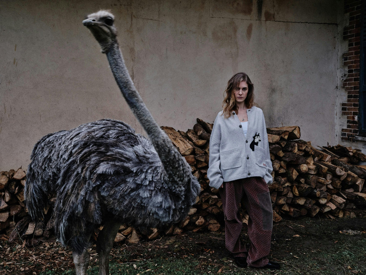 Model in a grey PALY cardigan with an animal patch and checked burgundy trousers beside an ostrich and a woodpile at a rural French farmhouse, from PALY's Fall/Winter 2026 campaign. Image: PALY Hollywood via Highsnobiety