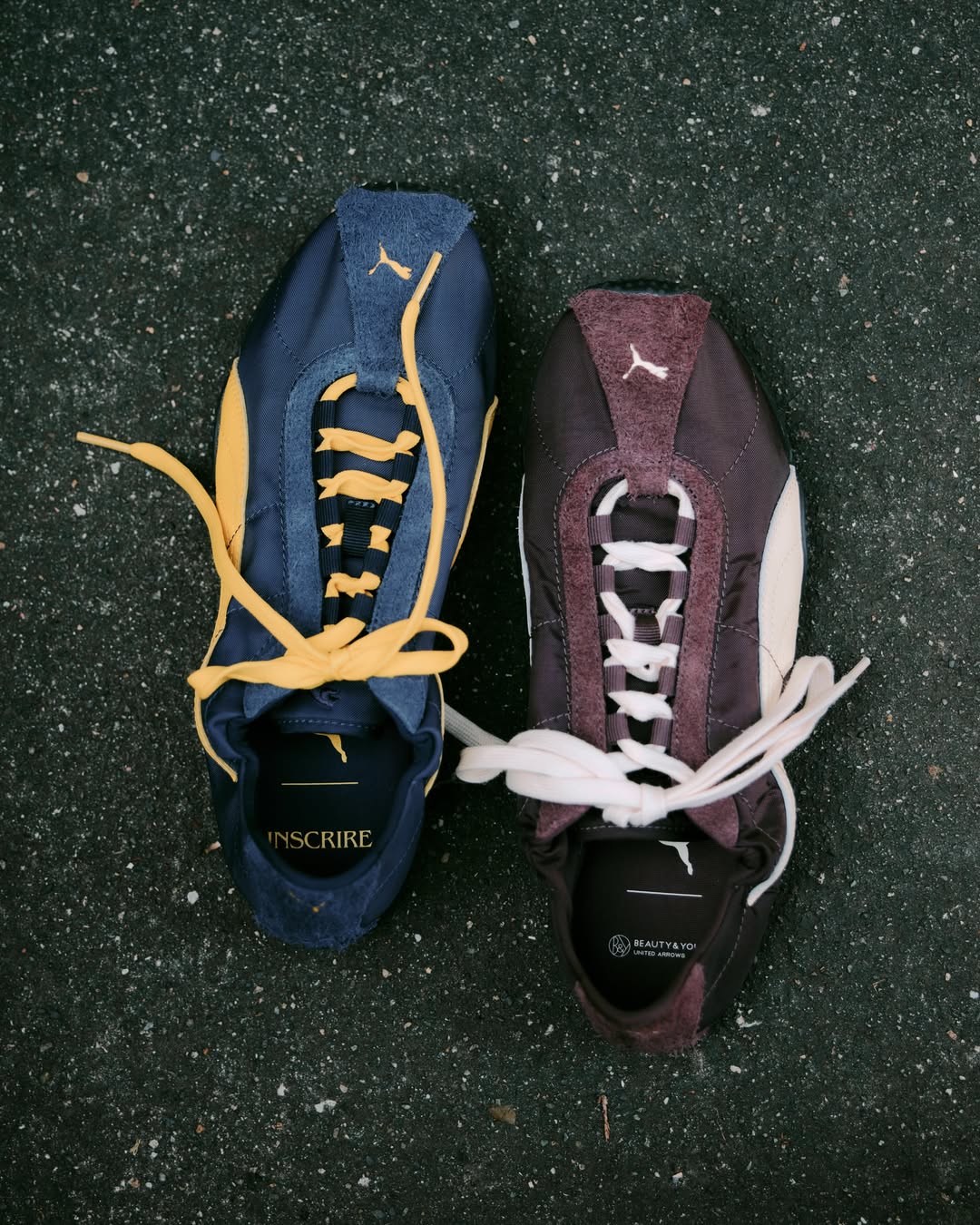 PUMA x INSCRIRE x BEAUTY&YOUTH H-STREET in navy with yellow laces and in brown with off-white laces. Photo: BEAUTY&YOUTH via Fullress
