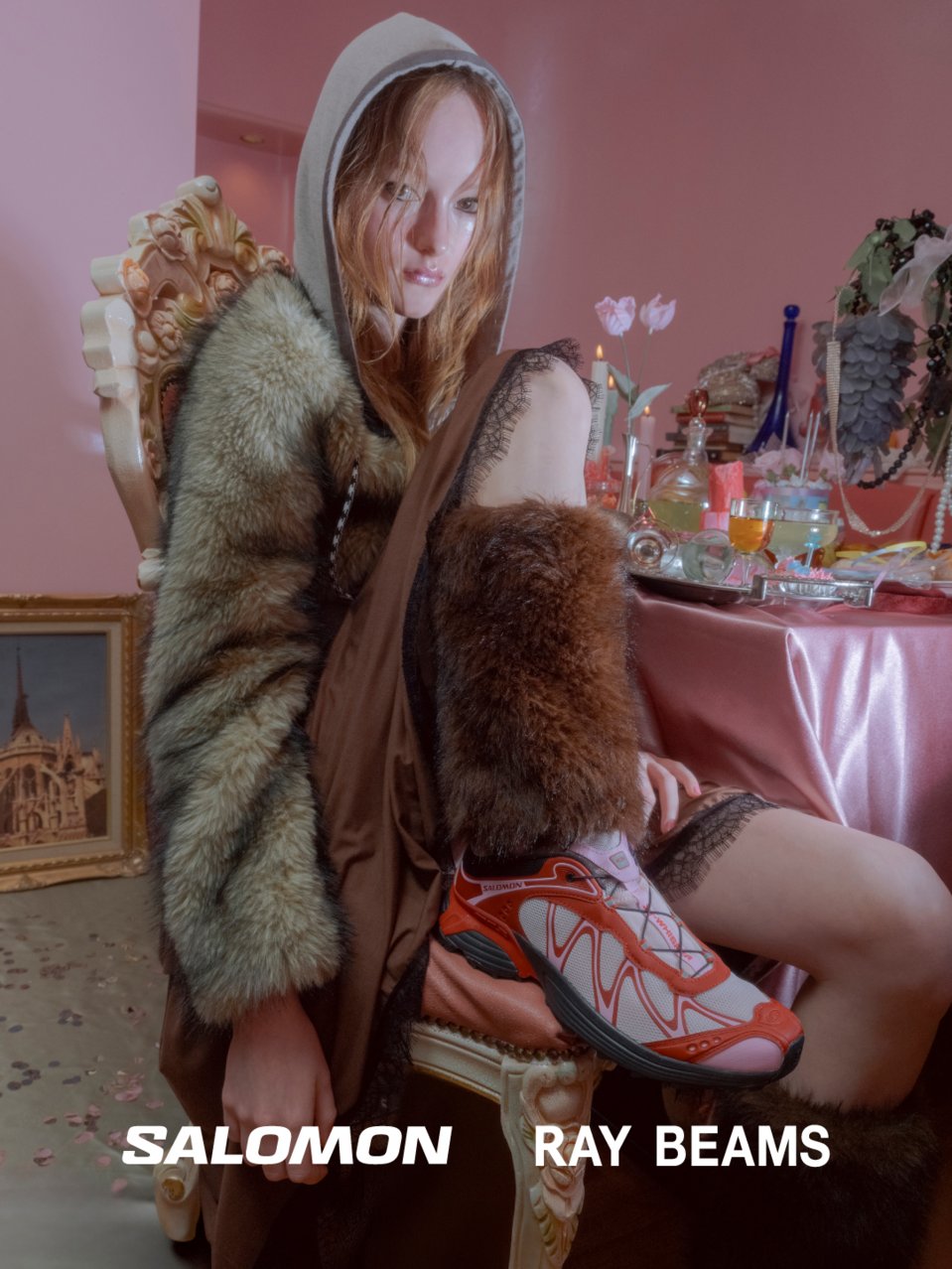 Salomon for Ray BEAMS XT-WHISPER Cherry Cake Party campaign — model on-foot in pink set