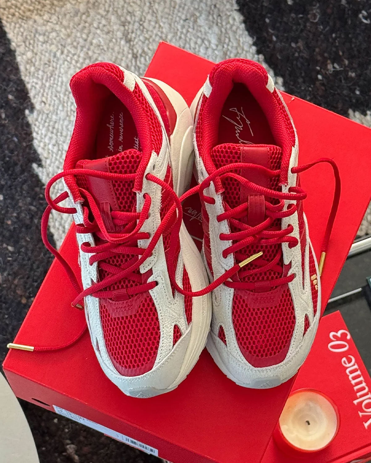 Tyrrell Winston x adidas Spiritain 2000 in cream and red with gold accents on a red adidas box — campaign image via Sneaker News