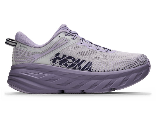 Women's Hoka Bondi 7 in Stardust / Mellow Lilac, women's running shoe in a purple colorway